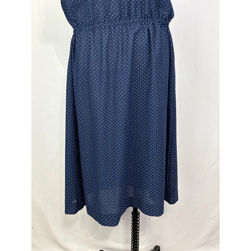 Vintage Navy Blue Polka Dot Midi Dress Short Puff Sleeve Elastic Waist Retro L